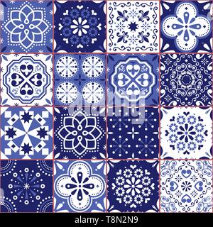 Portuguese or Spanish Azujelo vector seamless tiles design - Lisbon retro navy blue pattern, tile big collection Stock Vector