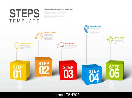Vector five steps progress infographic template made from colorful cubes and icons Stock Vector