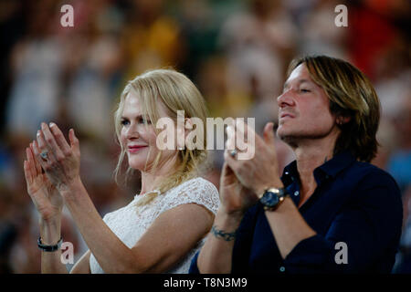 Nicole Kidman with husband Keith Urban watching a match on center court at the 2019 Australian Open. Stock Photo