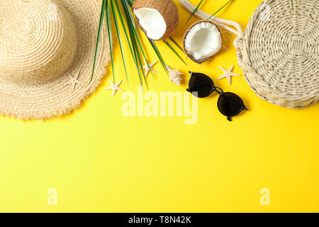 Flat lay composition with summer vacation accessories on color background, space for text and top view. Happy holidays Stock Photo