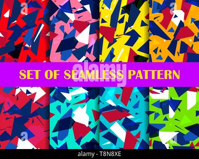 Glass explosion seamless pattern set. Broken particles. Colorful scatters of particles. Geometric shapes. Vector illustration Stock Vector