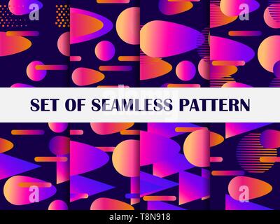 Gradient geometric shapes seamless patterns. Cover design with colorful liquid objects. Vector illustration Stock Vector