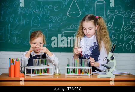 Improving their study skills. Study group in chemistry laboratory. Little school children holding test tubes during study session. Small schoolgirls performing study experiment in chemistry. Stock Photo