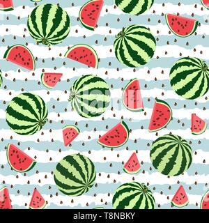 Seamless pattern of watermelon whole, a piece and seeds. Background of blue stripes. National Watermelon Day Design. Vector illustration Stock Vector
