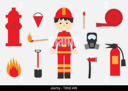 Different colorful fireman pictures for children, fun education game for kids, preschool activity, set of stickers, vector Stock Vector
