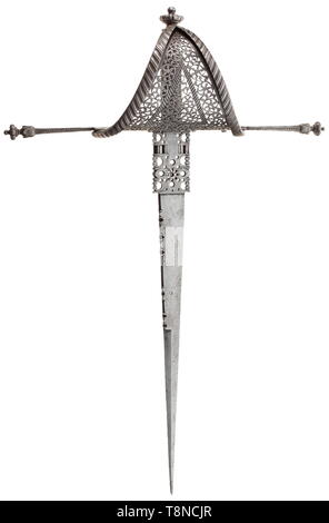 A Spanish left-hand dagger, circa 1680 Single-edged blade with chiselled back and elaborately chiselled and pierced ricasso. Long quillons with florally chiselled and engraved terminals. Riveted hand-guard with distinctive flange and finely pierced scrolling leaves. Grip with wire wrap, pommel decorated en suite to the quillon terminals. Length 53 cm. Elegant, finely crafted dagger. historic, historical, dagger, daggers, thrusting, thrustings, baton, weapon, arms, weapons, arms, fighting device, object, objects, stills, clipping, cut out, cut-out, Additional-Rights-Clearance-Info-Not-Available Stock Photo