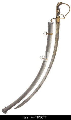 A Russian sabre with splendid, part-gilt blade, (probably) Zlatoust, mid-19th century Curved, fullered and previously blued single-edged blade with yelmen. Profusely etched and part-gilt on both sides. The lower part of the blade with damascened ground, the upper part with scenes from mythology, crescent moon and trophies. The back of the blade etched with crescent moons on gilt ground. Probably an originally unassociated brass hilt and steel scabbard, presumably added in the later period of use. Length 95 cm. Probably a captured Russian blade. E, Additional-Rights-Clearance-Info-Not-Available Stock Photo