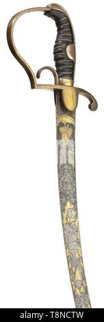 A Russian sabre with splendid, part-gilt blade, (probably) Zlatoust, mid-19th century Curved, fullered and previously blued single-edged blade with yelmen. Profusely etched and part-gilt on both sides. The lower part of the blade with damascened ground, the upper part with scenes from mythology, crescent moon and trophies. The back of the blade etched with crescent moons on gilt ground. Probably an originally unassociated brass hilt and steel scabbard, presumably added in the later period of use. Length 95 cm. Probably a captured Russian blade. E, Additional-Rights-Clearance-Info-Not-Available Stock Photo