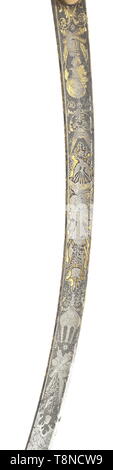 A Russian sabre with splendid, part-gilt blade, (probably) Zlatoust, mid-19th century Curved, fullered and previously blued single-edged blade with yelmen. Profusely etched and part-gilt on both sides. The lower part of the blade with damascened ground, the upper part with scenes from mythology, crescent moon and trophies. The back of the blade etched with crescent moons on gilt ground. Probably an originally unassociated brass hilt and steel scabbard, presumably added in the later period of use. Length 95 cm. Probably a captured Russian blade. E, Additional-Rights-Clearance-Info-Not-Available Stock Photo