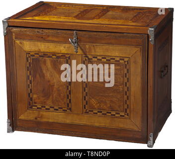 A German cabinet casket with decorative hunting motifs, circa 1680 Rectangular softwood body, veneered with elaborate decorative oak, walnut, mahogany, ashwood and fruitwood marquetry. The edges with iron reinforcements, two movable side handles. Lockable folding lid at the front with matching key. The inside covered with ebonised wood and decorated with engraved bone inlays. Drawers and doors framed by ripple moulding. Door lockable in the centre, surrounded by eight drawers, with a large compartment as well as two small drawers and a hidden com, Additional-Rights-Clearance-Info-Not-Available Stock Photo