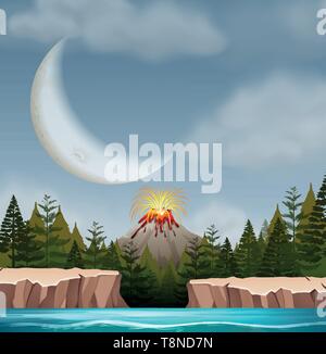 Volcano eruption night scene illustration Stock Vector