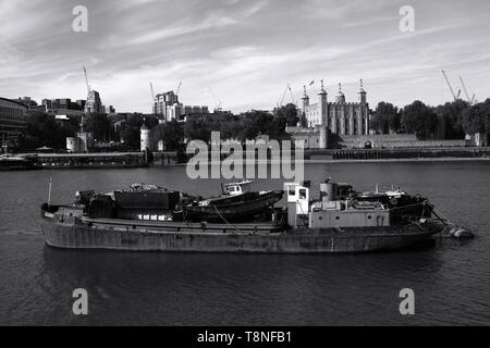Barge on the River Thames by Tower Bridge Stock Photo