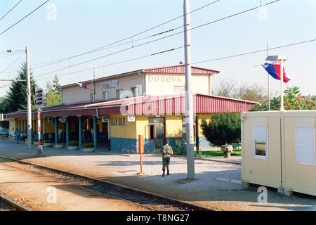 Dobova train station on the Slovenian-Croatian border pictured during the break-up of the former Yugoslavia in 1991. Picture by Adam Alexander Stock Photo