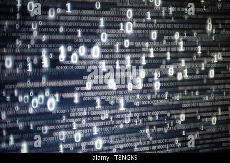 floating data code. cloud server service. multiple layers of binary data photo. red blue and White number texts on dark space background. information  Stock Photo