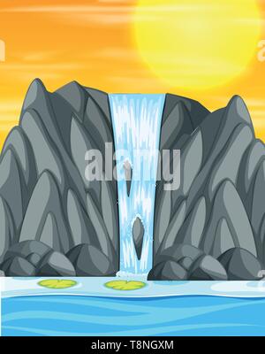 Premium Vector | Hand drawn sketch design of waterfall scenery in the  mountains