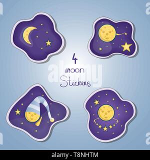 Set od four stickers of moon character. Vector illustration Stock Vector