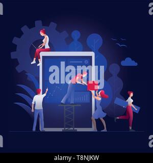 People are building a new business on the internet. Screen with a website. Ideas with teamwork, promotion of business online, the takeoff rating of th Stock Vector