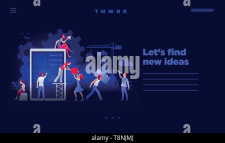 Web site page design template. People are building a new business on the internet. Screen with a website. Ideas with teamwork, promotion of business o Stock Vector