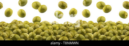 Falling green olives isolated on white background with clipping path, heap of green pickled olives, seamless pattern Stock Photo