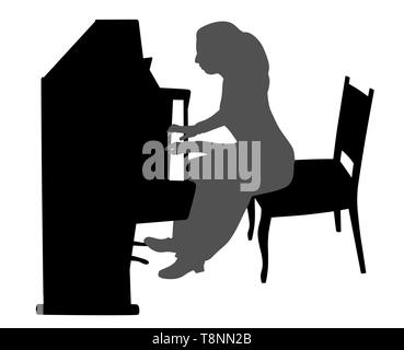 Young woman playing upright piano Stock Vector