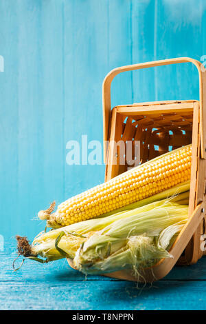 Photo of corn cobs in wooden basket Stock Photo