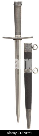 A dagger M 37 for Hitler Youth leaders, with hanger. Maker M7/36, E & F  Hörster, Solingen. Plated blade, the obverse side etched with the motto  Blut und Ehre! (Blood and Honour!). The reverse etched RZM and M7/36.  Silver-plated cross