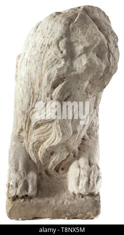 An Italian base of a column shaped like a lion, circa 1300 White, slightly patinated marble. A resting lion on a long rectangular plinth. On the back a simple Corinthian column base with assembly opening. Length 50 cm, height 38 cm. On sacred buildings lions often referred to Mark the Evangelist, on secular buildings the king of animals also symbolised the claim of the secular ruler. historic, historical, handicrafts, handcraft, craft, object, objects, stills, clipping, clippings, cut out, cut-out, cut-outs, middle ages, Additional-Rights-Clearance-Info-Not-Available Stock Photo
