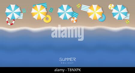 summer holiday on tourist beach with umbrella swim ring and flip flop ...