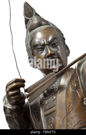 A Japanese Samurai archer, Meiji period Bronze with beautiful patina. A lightly armoured samurai standing and drawing a longbow, carrying a wakizashi and tachi at his side. Garments with finely engraved mon and scrolling leaves. Metal surfaces partially finely engraved and chased. On wooden base, unsigned. Height of the figure without base and bow 29.5 cm. historic, historical, Japanese, Asian, Asia, Far East, object, objects, stills, clipping, clippings, cut out, cut-out, cut-outs, 20th century, 19th century, Additional-Rights-Clearance-Info-Not-Available Stock Photo