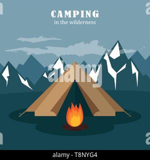 camping adventure in the wilderness tent at snowy mountain landscape vector illustration EPS10 Stock Vector