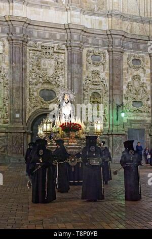 Spain, Aragon Region, Zaragoza Province, Zaragoza, Religious float being carried through the streets during Semana Santa, (Holy Week) celebrations, Church of Santa Isabel de Portugal Stock Photo