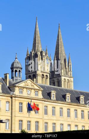 France, Calvados, Caen, the city hall in the Abbaye aux Hommes (Men Abbey) and Saint Etienne abbey church Stock Photo