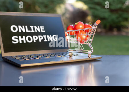Concept of online grocery shopping. A miniature shopping cart with tomatoes is standing an a Notebook. Stock Photo