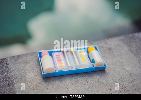 Measurement of chlorine and PH of a pool Stock Photo