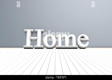 3D rendered Illustration of a empty room with the word home on the wall. Stock Photo