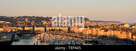 France, Seine Maritime, Pays de Caux, Cote d'Albatre, Dieppe, the Harbour with Saint Jacques church from the 13th century and the castle museum Stock Photo