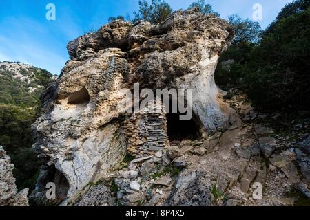 Italy, Sardinia, Baunei, Orosei Gulf, trek towards Cala Goloridze, coile or traditional shepherd's hut in stones and branches Stock Photo