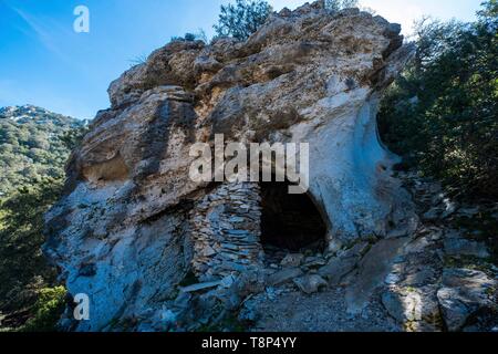 Italy, Sardinia, Baunei, Orosei Gulf, trek towards Cala Goloridze, coile or traditional shepherd's hut in stones and branches Stock Photo