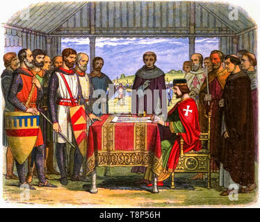 King John signing the Magna Carta, illustration by Edmund Evans, 1864 Stock Photo