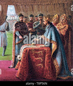 King John signs the Magna Carta, illustration by Joseph Martin Kronheim, 1868 Stock Photo