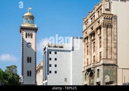 Sri Lanka, Colombo, Fort district, the Clock Tower is a former lighthouse built in 1857, Central Point historical building built in 1914 on the right side Stock Photo