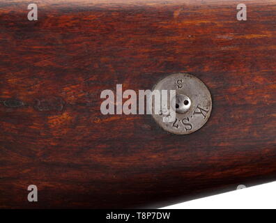 An imperial Schutztruppengewehr 98, Spandau 1901 Cal. 8 x 57, no. 2692. Matching numbers including screws, except for lock. Good bore. Bent bolt handle. Rear sight base scaled 2 - 20. Receiver head signed crown/SPANDAU/1901, barrel root marked 'S'. Stamp plate with marking of the imperial protection force in German South West Africa 'K.S.792. S'. Original barrel finish, lock and receiver polished white, spotted. Matching-numbered, dark walnut stock with various imperial acceptance marks, hair crack on the right behind bolt handle. Strapping with , Additional-Rights-Clearance-Info-Not-Available Stock Photo