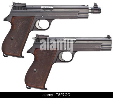 Two SIG P 210-6 sport pistols (double numbers) with conversion unit and two interchangeable barrels Pistols in calibre 9 mm Parabellum, both with no. P77412. Bright bores, barrels 120 mm and 100 mm. Conversion unit cal. 9 mm Parabellum, no. P77412, barrel 120 mm, without S/N. First interchangeable barrel in cal. 7.65 mm Parabellum, no. P77412. Second interchangeable barrel in cal..22 l.r, no. P77412. All with German proof mark. Micro sights. Sport locks. Complete original bluing. Punched walnut grip panels. Magazines. New condition. Erwerbsschein, Additional-Rights-Clearance-Info-Not-Available Stock Photo