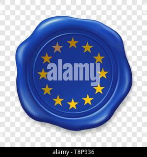 European union flag. Glossy wax seal. Sealing wax old realistic stamp label on transparent background. Top view. Label. Vector illustration Stock Vector