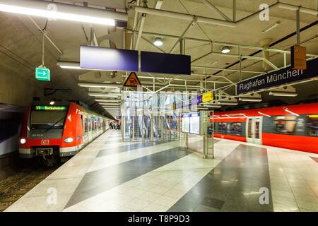 Munich, Germany – February 14, 2019: Railway station at Munich airport (MUC) in Germany. | usage worldwide Stock Photo