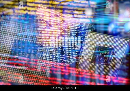 Program code with CPU and abstract technology Background with server racks and many lights | usage worldwide Stock Photo