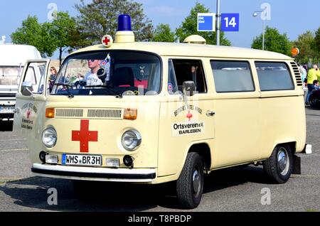A VW T2 with the logo of the German Red Cross on it at the Maikaefertreffen (May Beetle Meeting) in Hanover (Germany), 01 May 2019. Fans and owners of Beetles and VW Transporters got together to show their classic cars. | usage worldwide Stock Photo