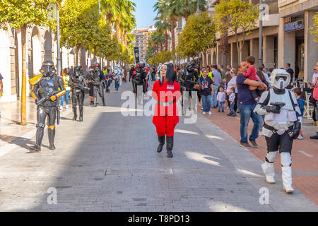 Huelva, Spain - May 5, 2019:  Parade of a group of cosplayers at a comic con event wearing costumes from Star Wars Stock Photo