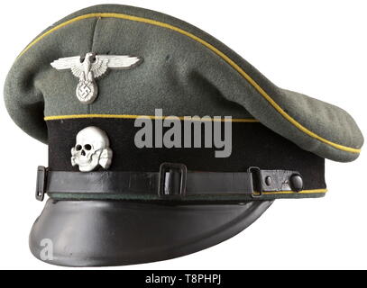 A visor cap for enlisted men and NCOs Waffen-SS signals troops Field-grey wool fabric (light moth traces), black trim band, lemon-yellow piping, beige inner liner (foxed), cap trapezoid of celluloid with imprinted, barely legible maker 'A.Podey Lübeck Marlistr.88', brown leather sweatband (one third missing), visor of vulcanised fibre, aluminium insignia, black patent leather straps in army issue. Caps for enlisted men of the Waffen-SS with pipings in this service branch colour are extremely rare because this regulation was standard for only a short time (usually the piping, Editorial-Use-Only Stock Photo