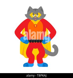 Cat superhero. Super pet in mask and raincoat. Strong animal Stock Vector